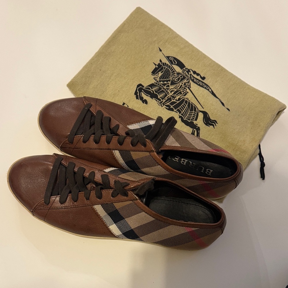 Burberry Men's Brown and Black Plaid Sneakers, 43